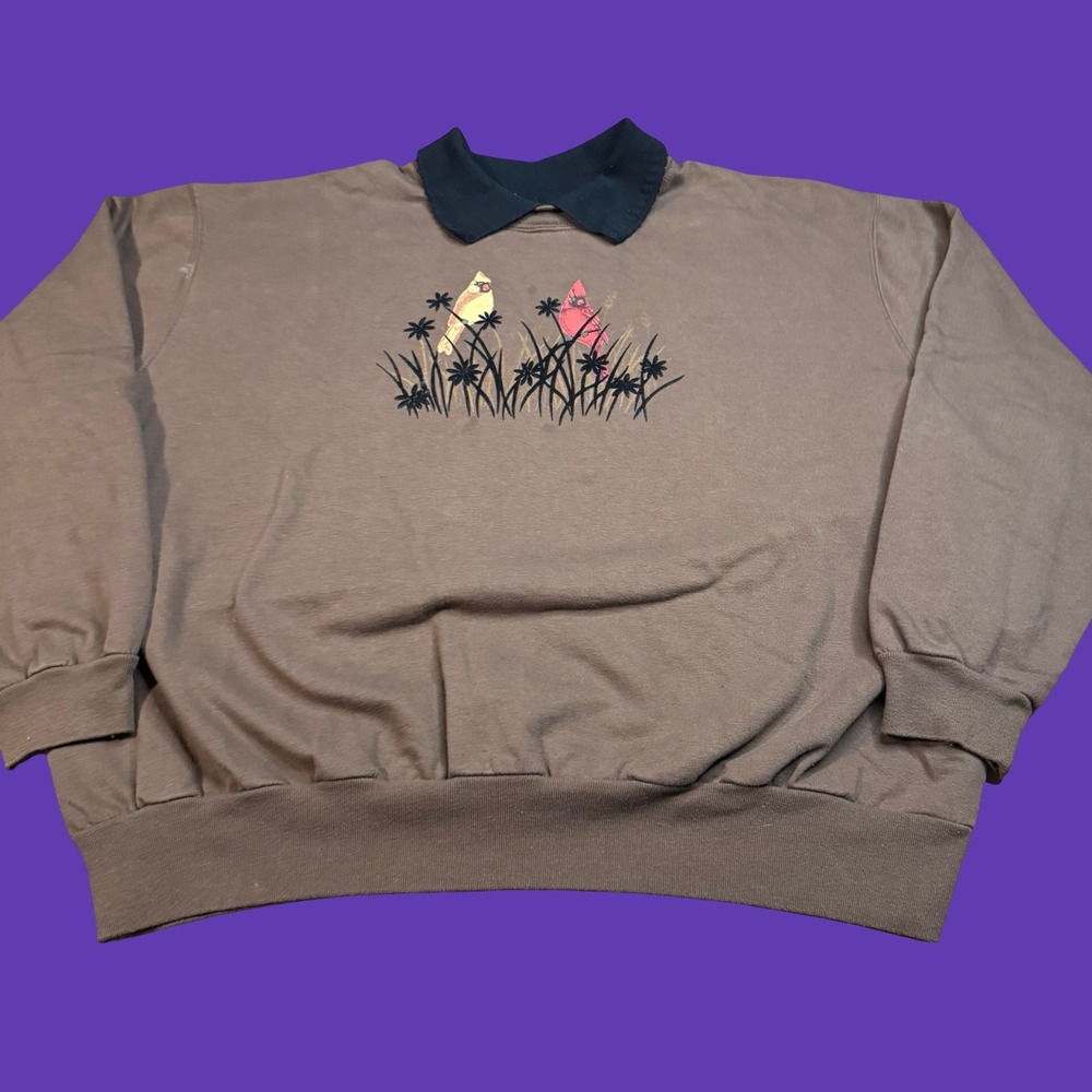Top Stitch Collared Sweatshirt Womens 2X Brown Cardinal Bird Nature Pullover